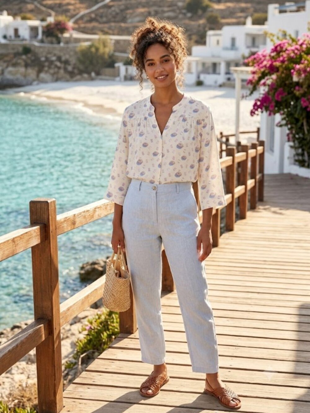 REPEAT Silk Blend Blouse | Beach Parasol Print | Pleated V-Neck | Size 38/S